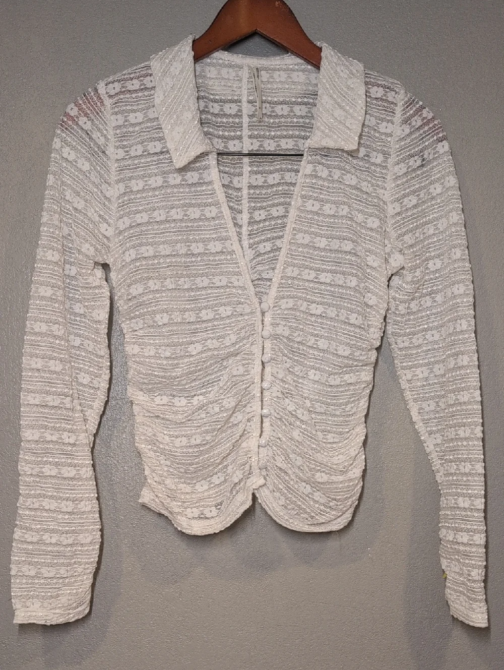 Whimsical Anthropologie Ivory Lace-Pattern Knit Top Flattering